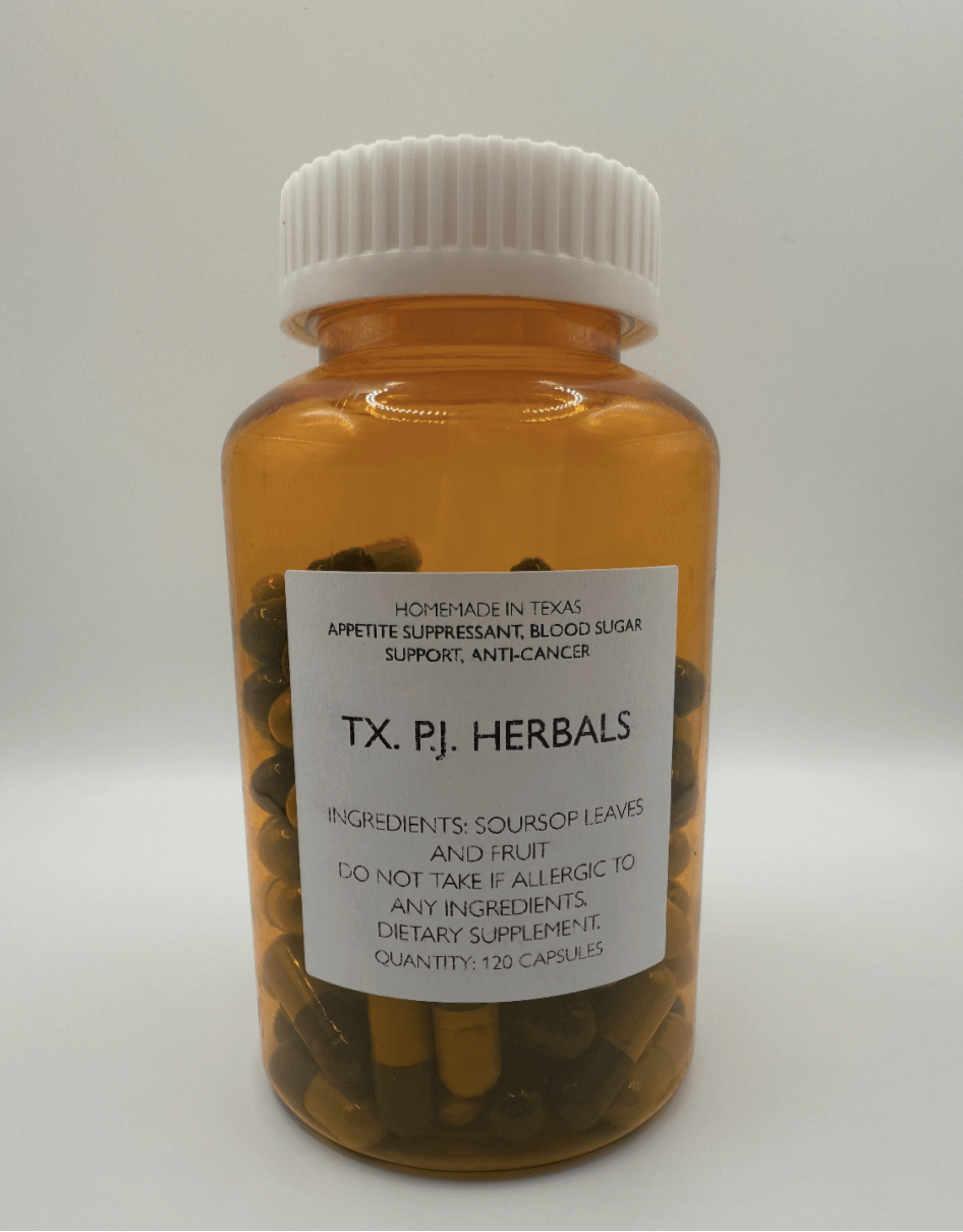 Bottle of soursop leaf and fruit capsules dietary supplement with label showing ingredients and benefits