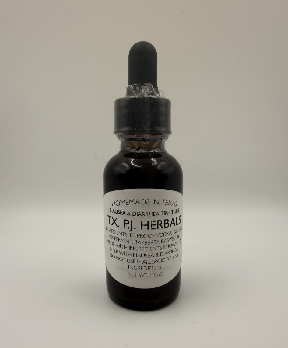 Dark glass dropper bottle of homemade Nausea & Diarrhea Tincture by TX P.J. Herbals with white label, natural digestive relief.