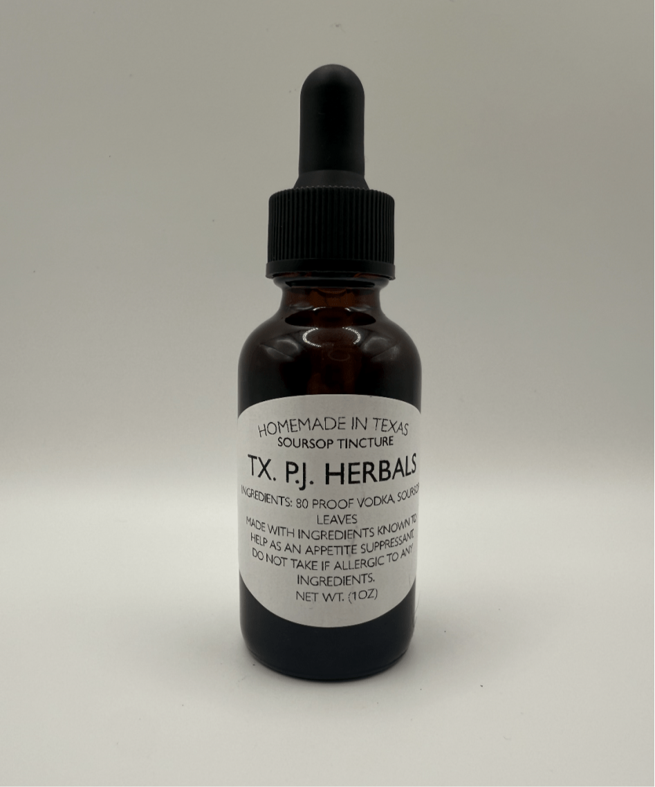 Bottle of homemade Soursop Tincture by TX. PJ. Herbals for blood sugar regulation and appetite control with natural ingredients.
