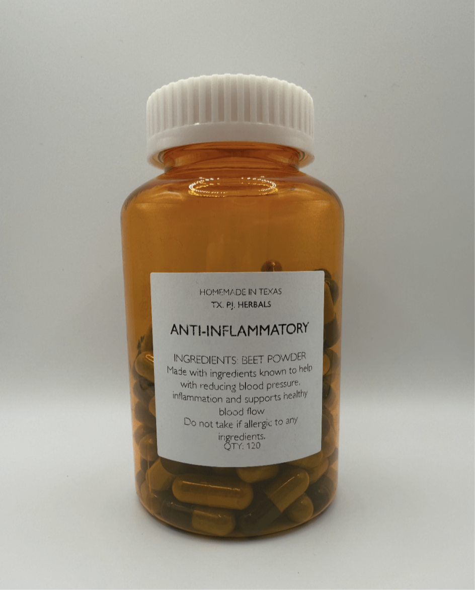 Amber bottle of anti-inflammatory beet powder capsules for blood pressure support with white cap and label