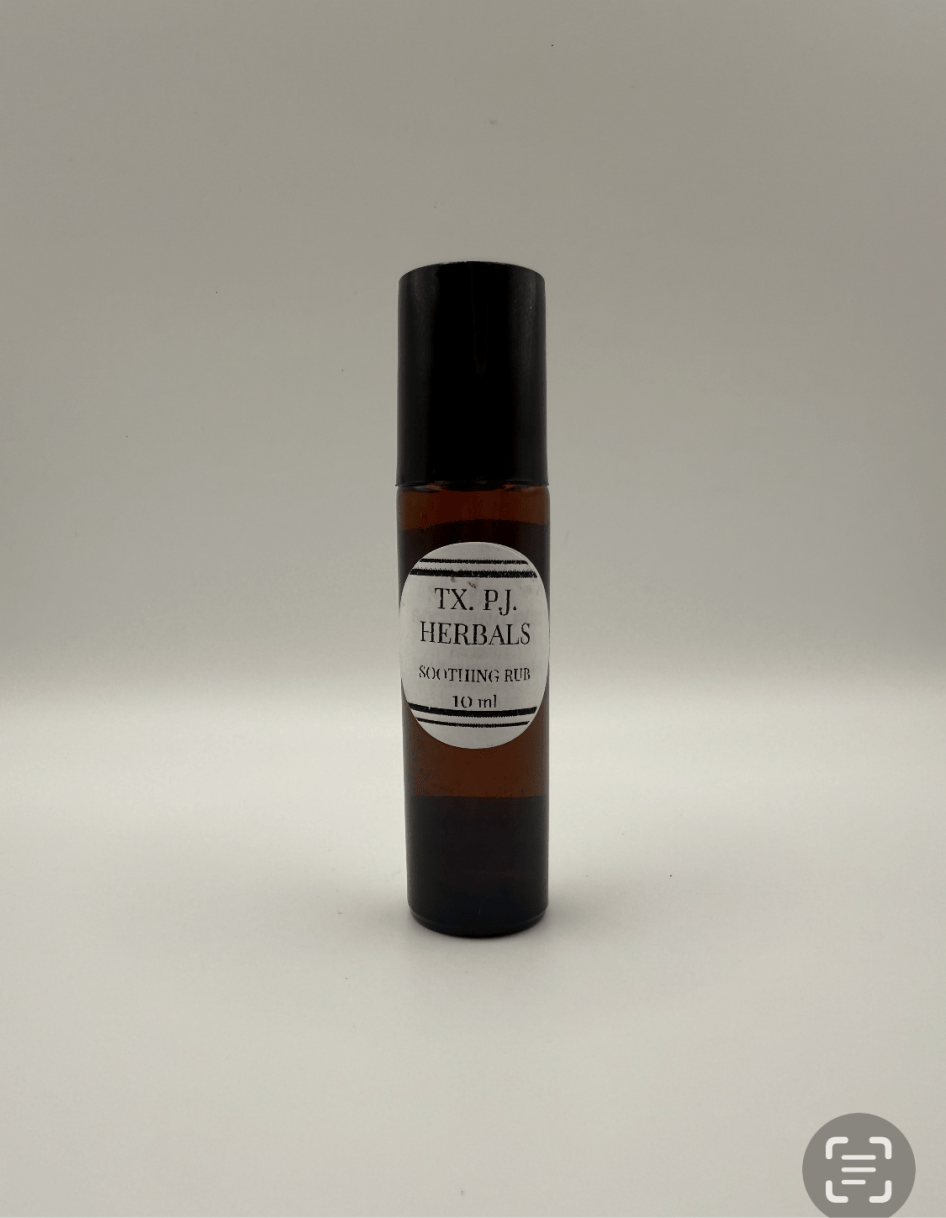 Small amber bottle of Soothing Rub by TX. P.I. Herbals for minor muscle ache relief, 10 ml roll-on