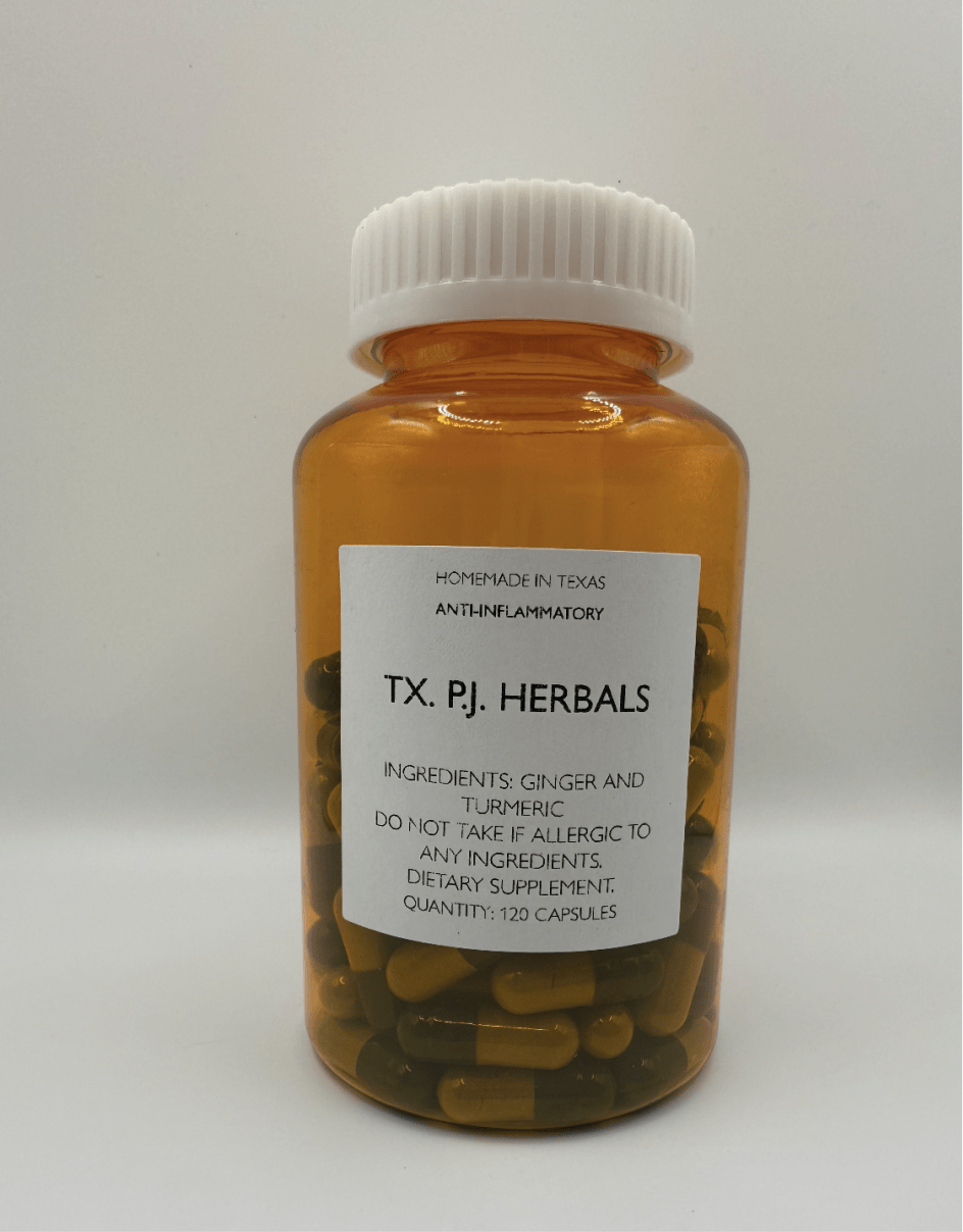 Amber bottle of Turmeric & Ginger Root anti-inflammatory capsules labeled TX. PJ. Herbals with 120 dietary supplement capsules inside