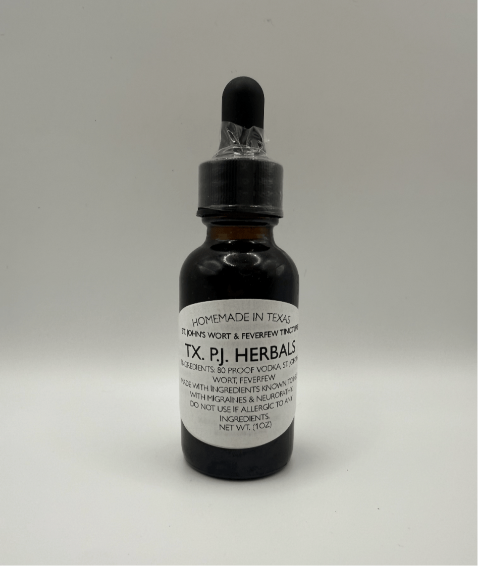 St. Johns Wort and Feverfew herbal tincture bottle with dropper for nerve health and inflammation relief.