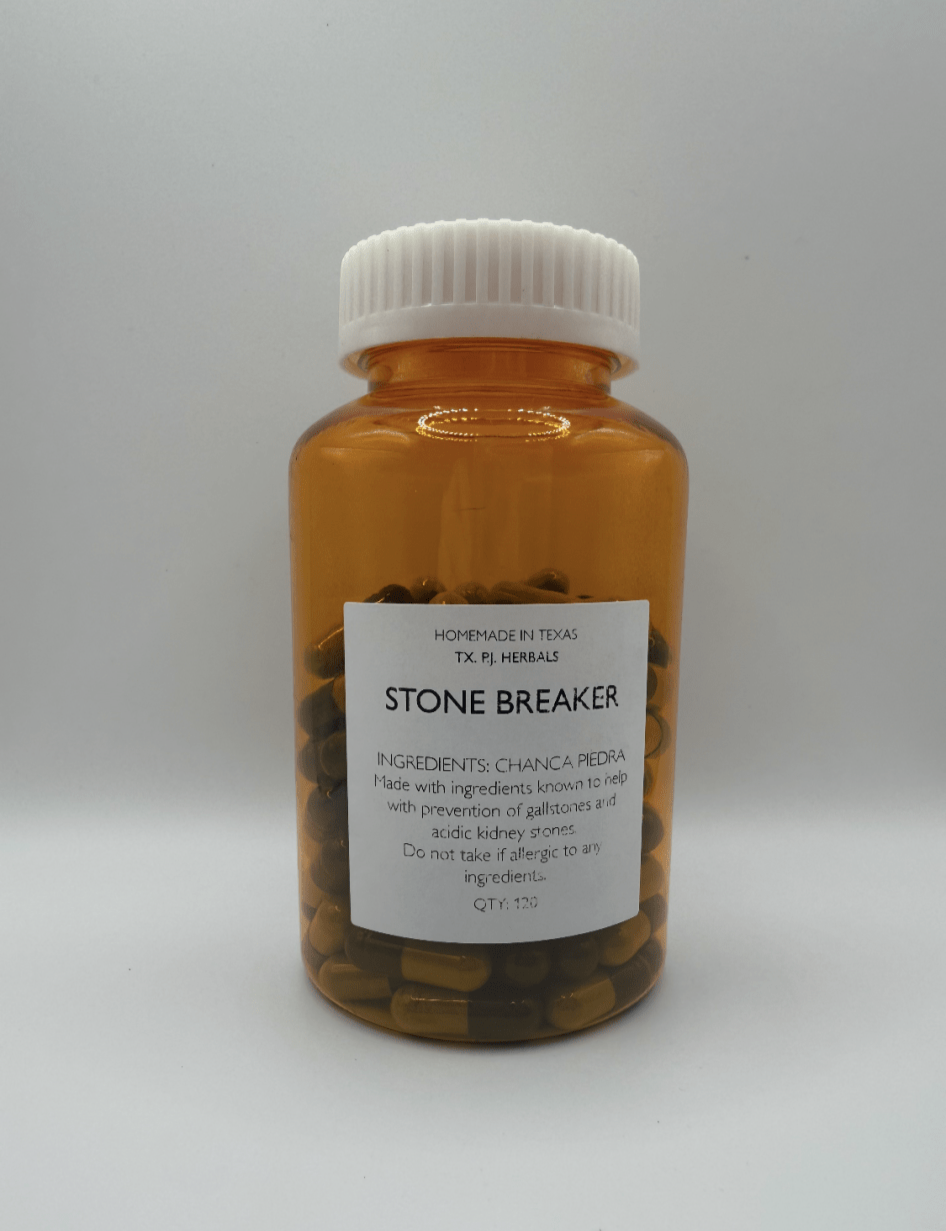 Amber bottle of Stone Breaker Capsules containing herbal remedy with Chanca Piedra for kidney and gallstone prevention.