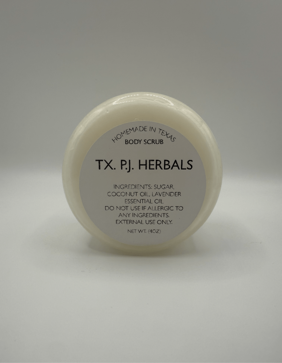 All-natural body scrub in a 4 oz container with organic sugar, coconut oil, and lavender essential oil for gentle exfoliation and hydration.