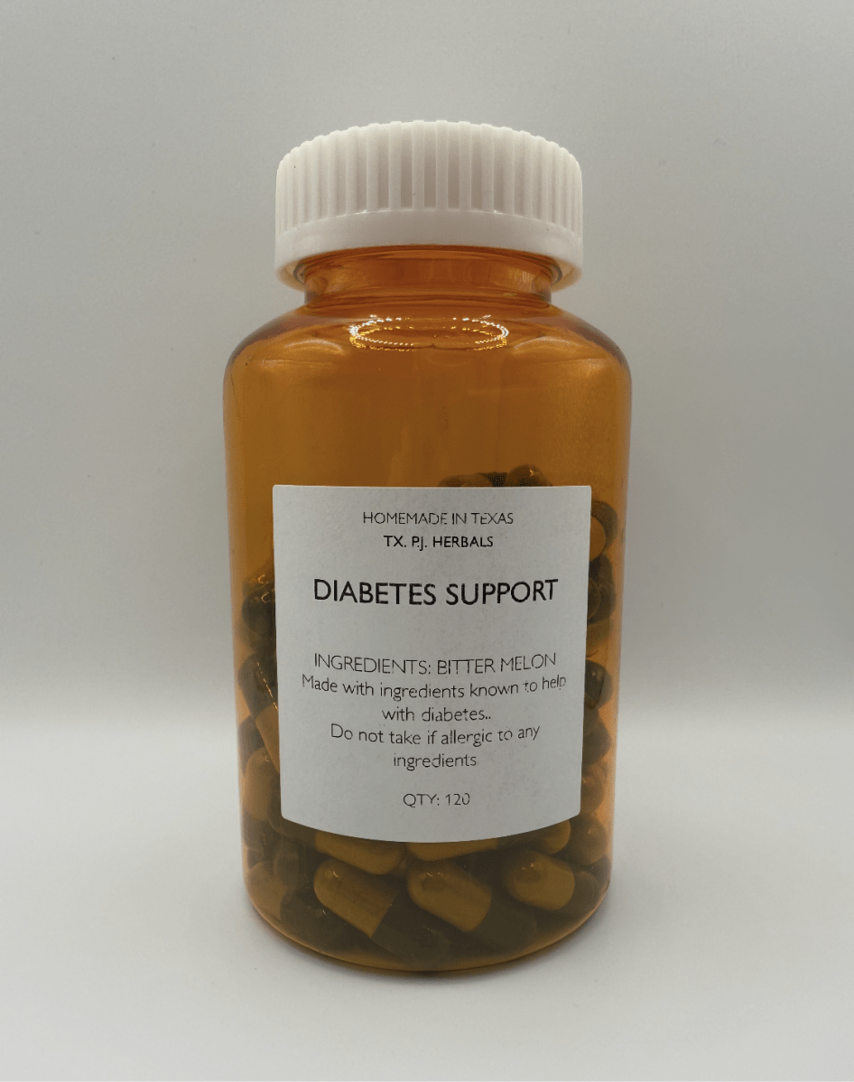 Amber bottle of Bitter Melon Extract Capsules for diabetes support with white cap and label.