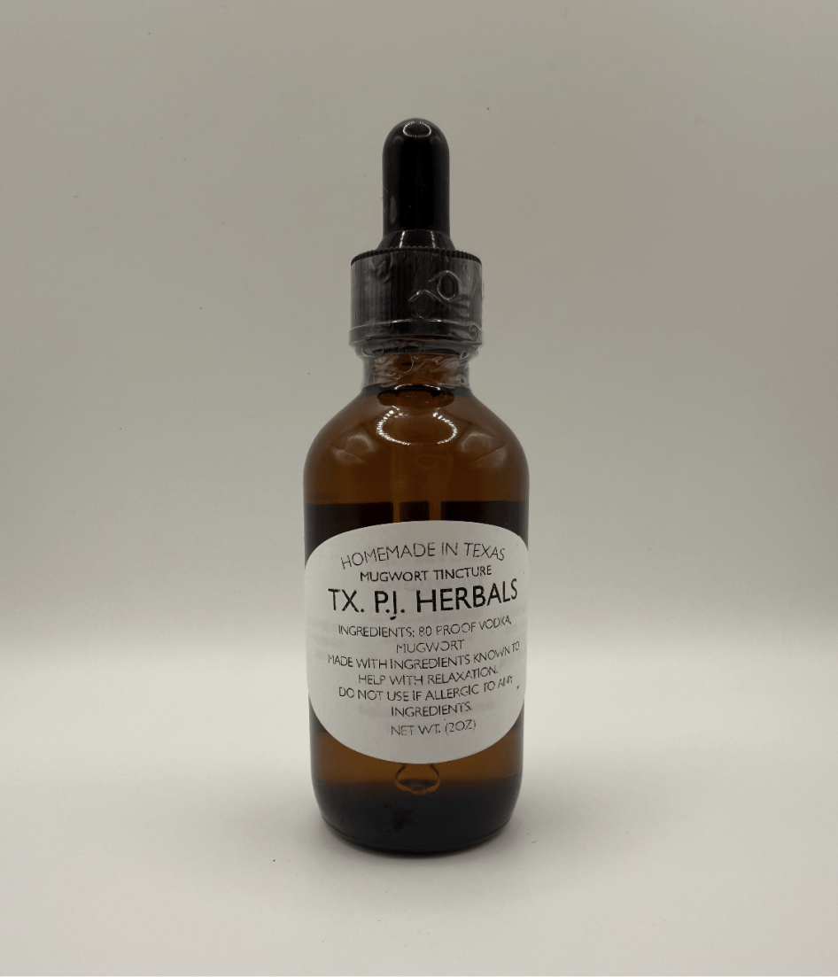 Amber glass dropper bottle of Mugwort Tincture by TX. PI. Herbals for natural relaxation and sleep support.