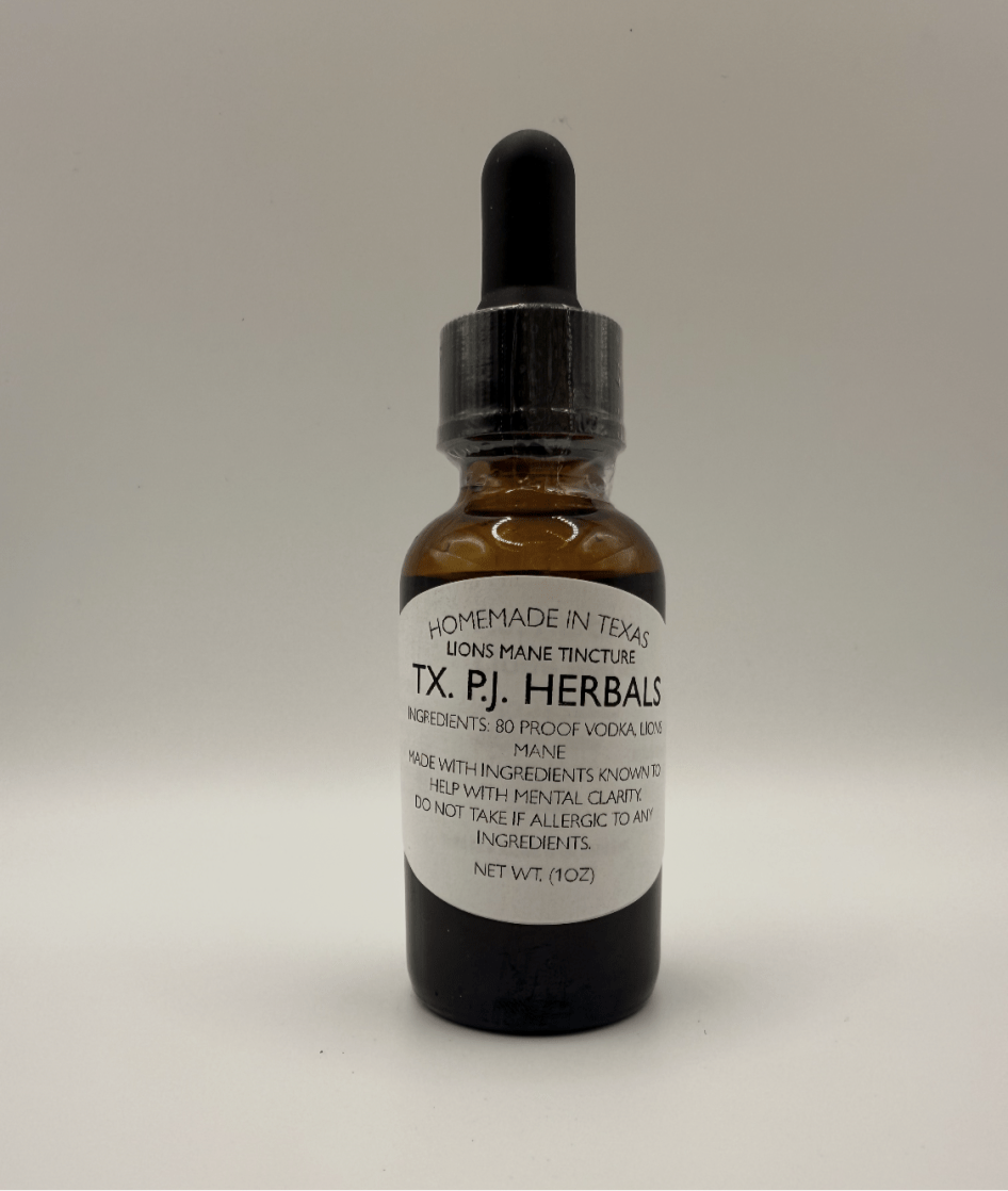 Bottle of Lions Mane Tincture by TX. P.J. Herbals for mental clarity, natural cognitive support supplement