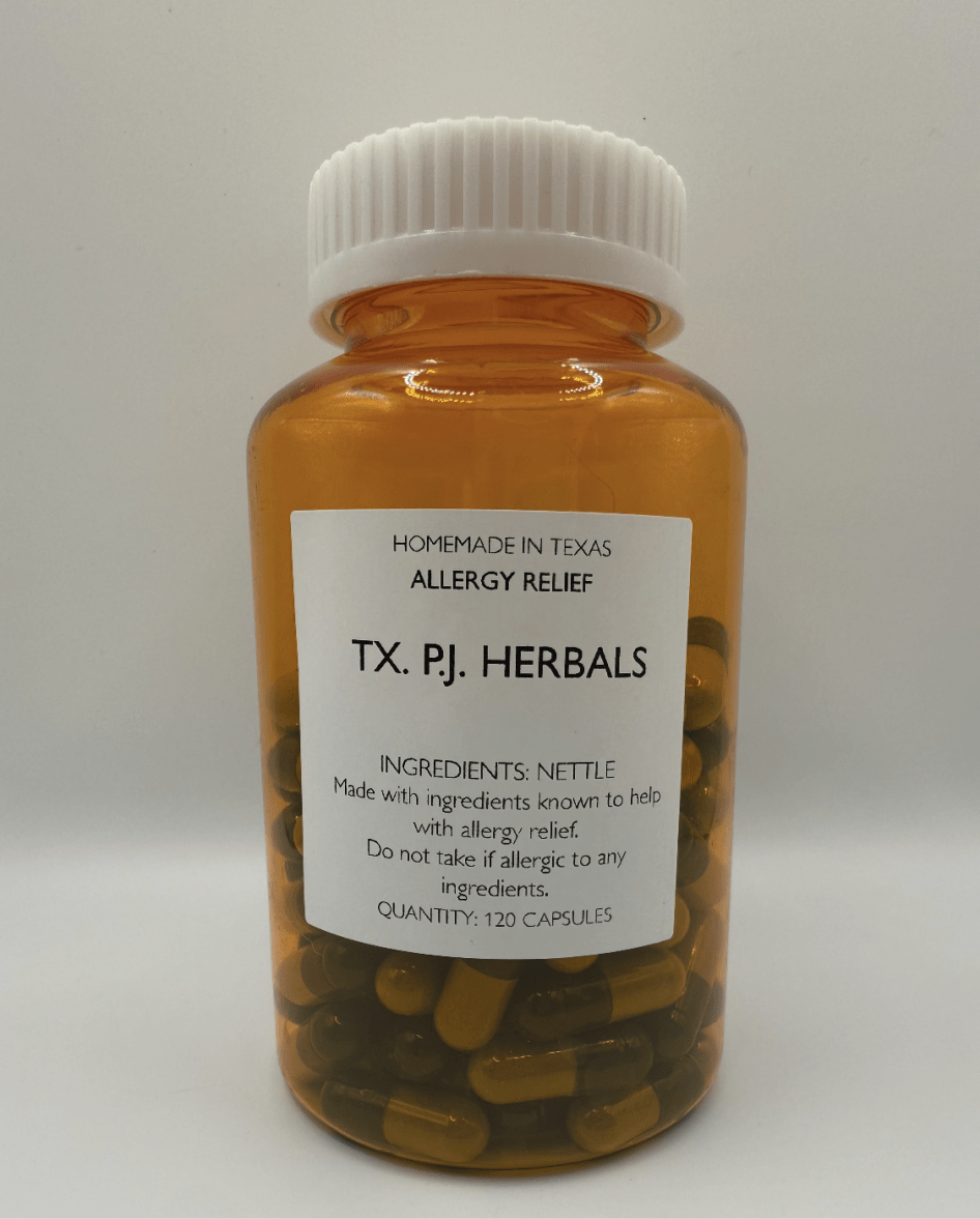 Amber bottle of Nettle Root Capsules for seasonal allergy relief with white cap and ingredient label
