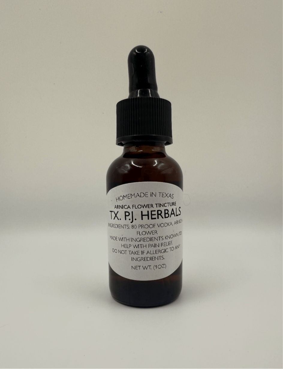 Amber glass dropper bottle of Arnica Flower Tincture for natural and rapid pain relief.