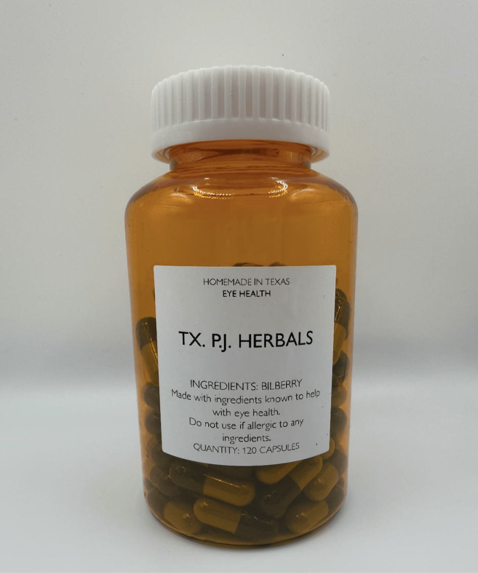 Amber bottle of Bilberry Capsules for optimal eye health with white cap and label showing product details