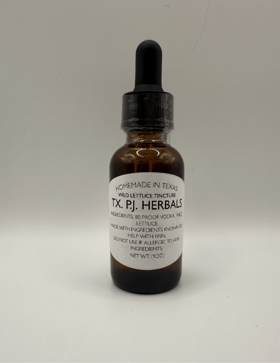 Brown glass dropper bottle of Wild Lettuce Tincture by TX P.J. Herbals for natural pain relief.