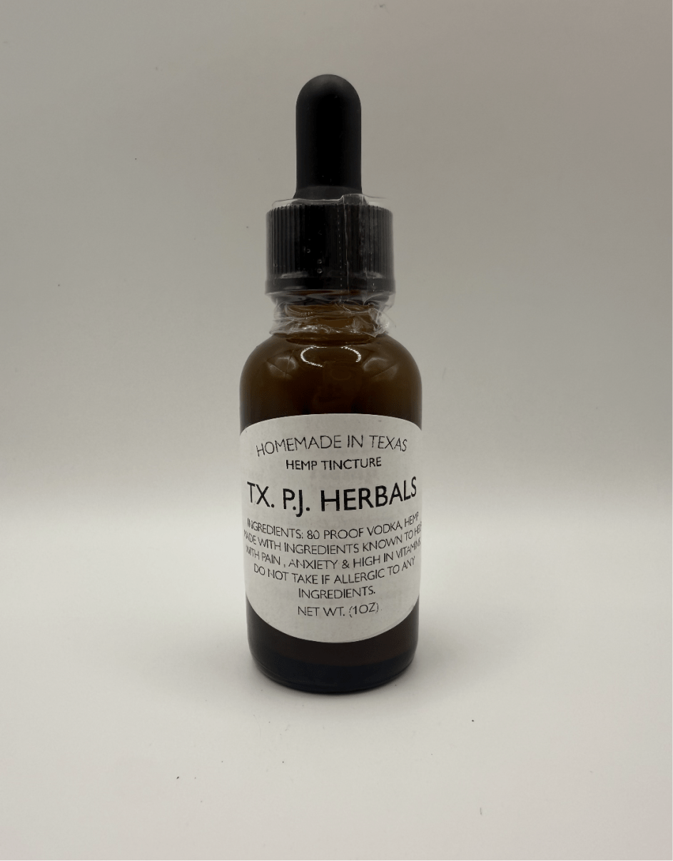 Brown glass dropper bottle of hemp tincture for anxiety relief labeled Homemade in Texas TX PJ Herbals with 80 proof vodka ingredients on white background