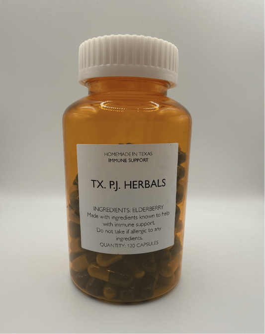 Amber bottle of Elderberry Capsules by TX. PJ. Herbals for immune support containing 120 capsules