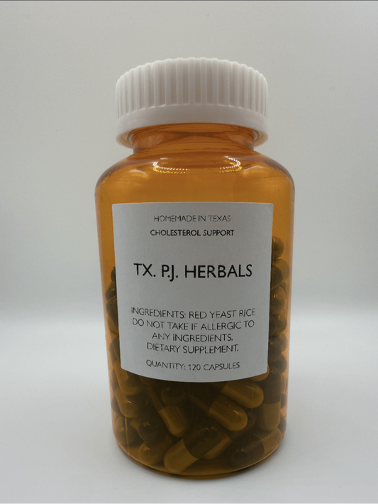 Bottle of Red Yeast Rice capsules for cholesterol support by TX. P.J. Herbals
