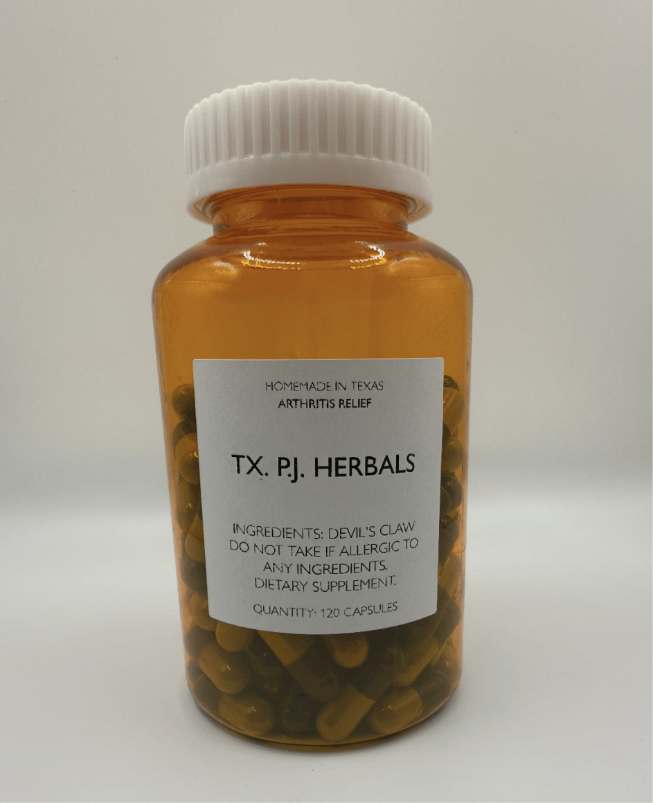 Amber bottle of Devil's Claw Capsules dietary supplement for arthritis relief with 120 capsules from TX. PJ. Herbals.