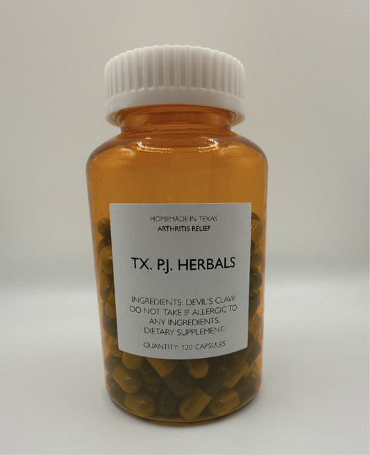 Amber bottle of Devil's Claw Capsules dietary supplement for arthritis relief with 120 capsules from TX. PJ. Herbals.