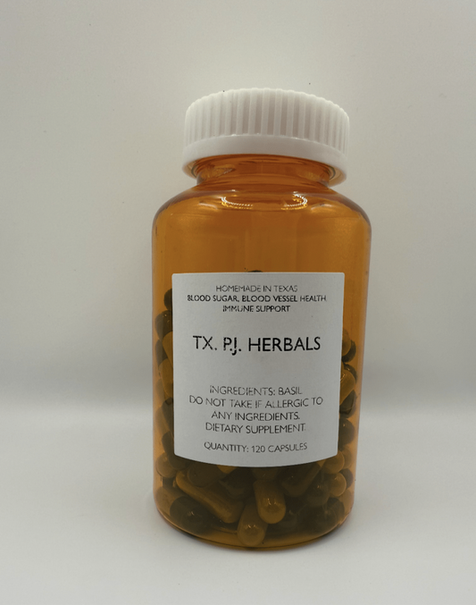 Amber bottle of TX. P.J. Herbals Basil Capsules for blood pressure and vessel health, 120 capsules