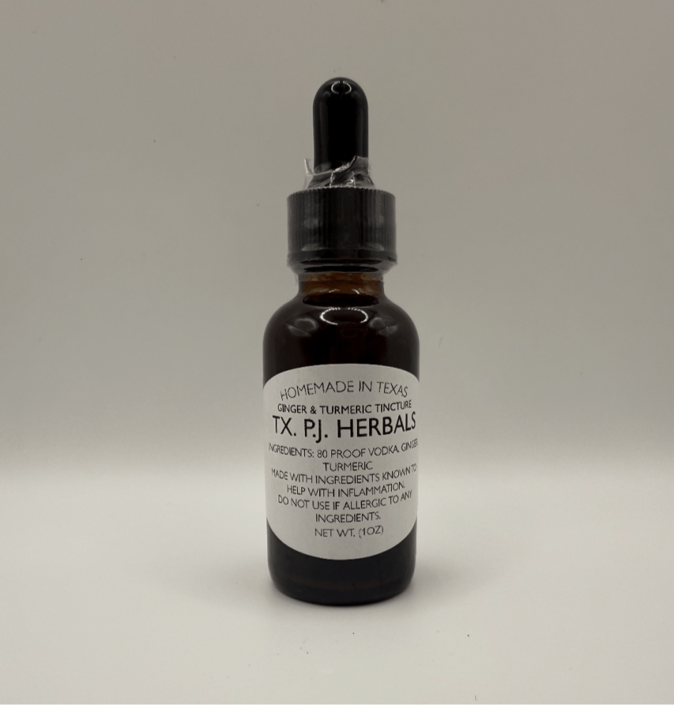 Dark amber glass dropper bottle of Ginger and Turmeric Tincture for anti-inflammatory and digestive support.