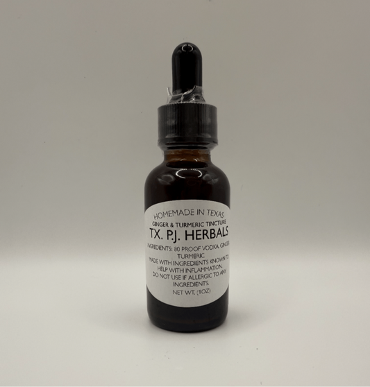 Dark amber glass dropper bottle of Ginger and Turmeric Tincture for anti-inflammatory and digestive support.