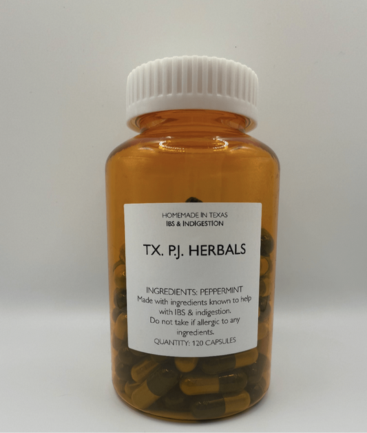 Amber bottle of peppermint capsules for digestive support by TX. P.J. Herbals, 120 capsules for IBS and indigestion relief