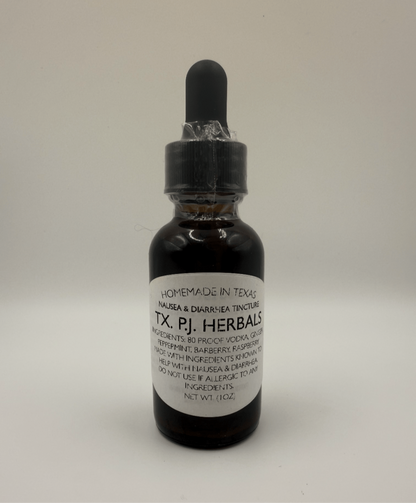 Dark glass dropper bottle of homemade Nausea & Diarrhea Tincture by TX P.J. Herbals with white label, natural digestive relief.