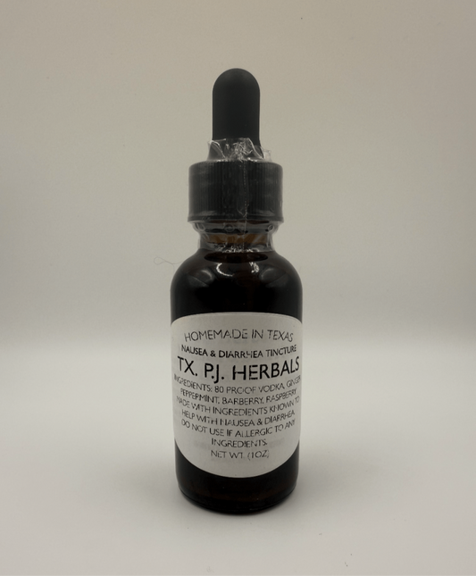 Dark glass dropper bottle of homemade Nausea & Diarrhea Tincture by TX P.J. Herbals with white label, natural digestive relief.