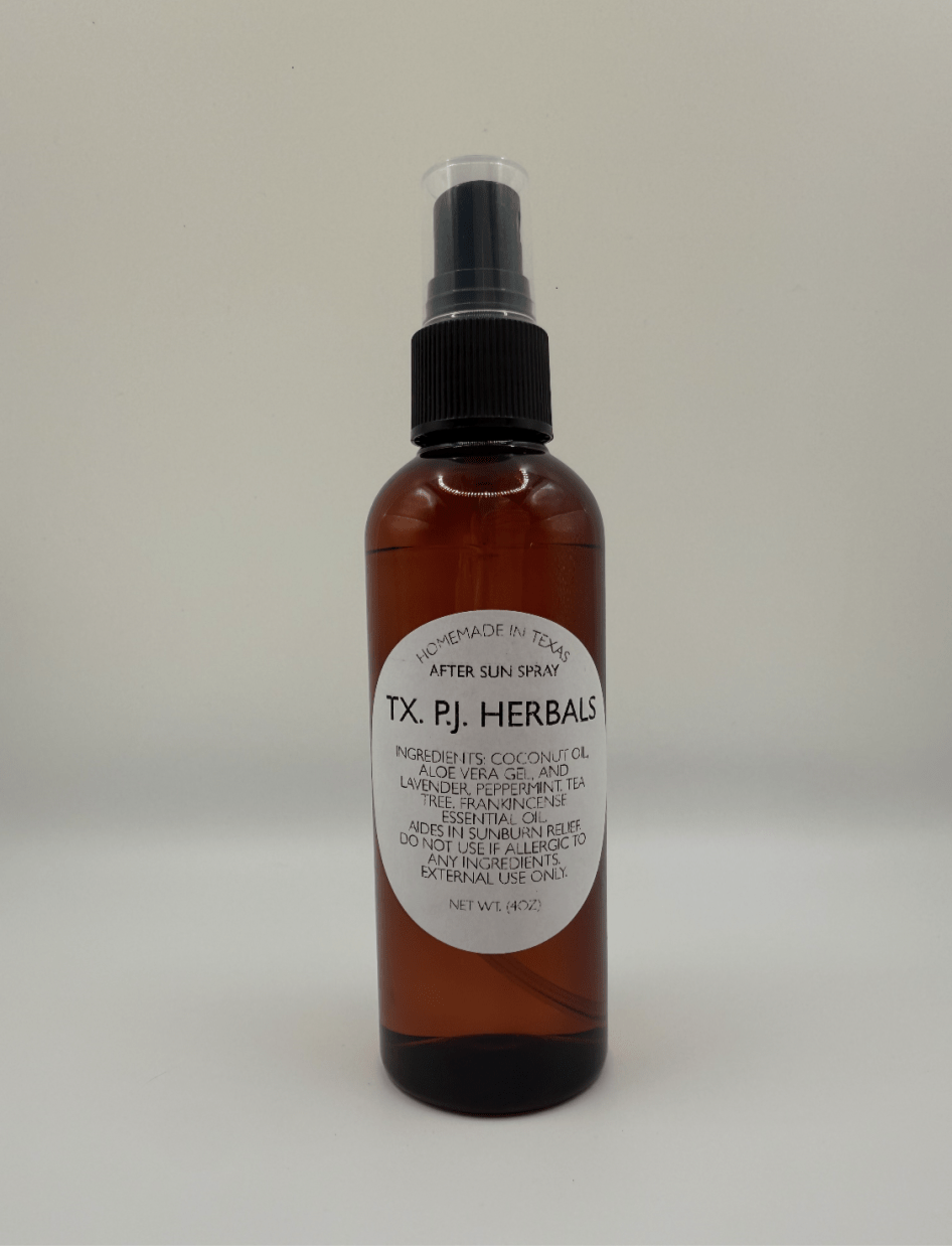 Brown spray bottle of all-natural after-sun spray with black pump and white label containing ingredients and usage information