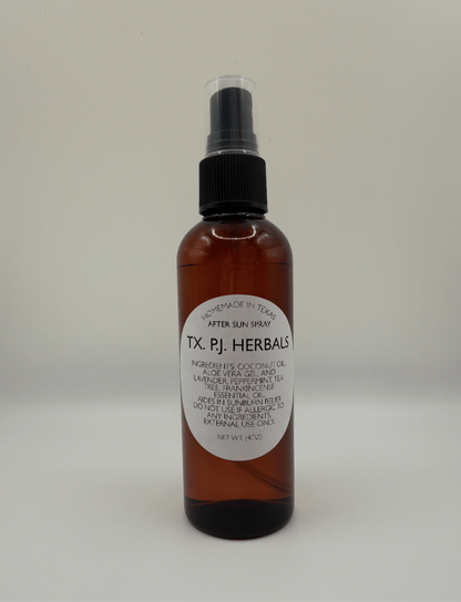 Brown spray bottle of all-natural after-sun spray with black pump and white label containing ingredients and usage information