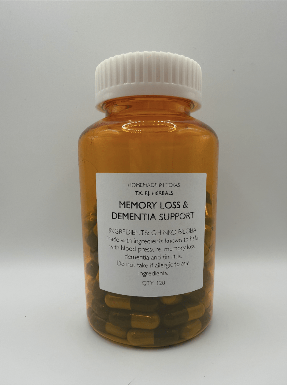 Amber bottle of Ghinko Biloba Capsules for memory loss and dementia support with white cap and label detailing ingredients and usage.