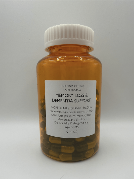 Amber bottle of Ghinko Biloba Capsules for memory loss and dementia support with white cap and label detailing ingredients and usage.