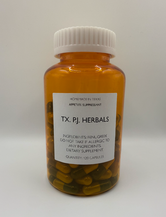 Fenugreek capsules dietary supplement in amber bottle labeled appetite suppressant, 120 capsules, natural fenugreek seed extract