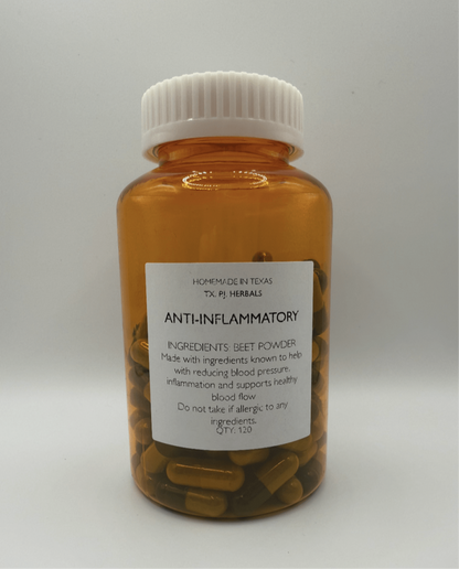 Amber bottle of anti-inflammatory beet powder capsules for blood pressure support with white cap and label