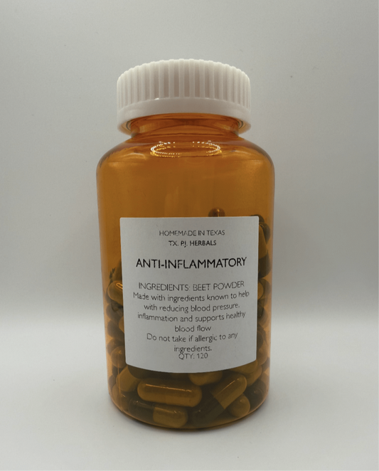 Amber bottle of anti-inflammatory beet powder capsules for blood pressure support with white cap and label