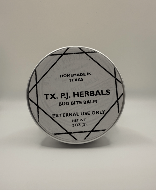 Tin container of TX. P.J. Herbals Bug Bite Balm for soothing itching and healing bug bites