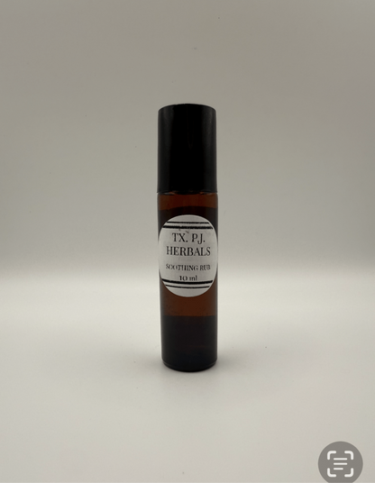 Small amber bottle of Soothing Rub by TX. P.I. Herbals for minor muscle ache relief, 10 ml roll-on