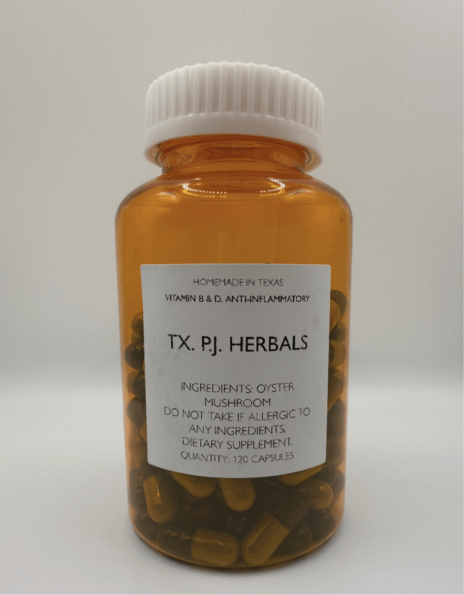 Bottle of Oyster Mushroom Capsules dietary supplement by TX. PJ. Herbals with 120 capsules for heart health and anti-inflammatory support