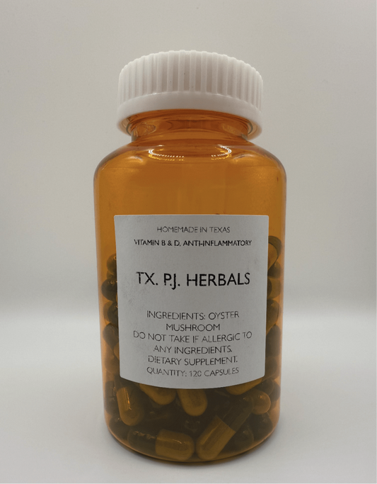 Bottle of Oyster Mushroom Capsules dietary supplement by TX. PJ. Herbals with 120 capsules for heart health and anti-inflammatory support