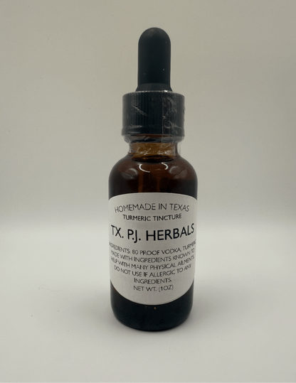 Bottle of homemade turmeric tincture by TX Pl Herbals with dropper for anti-inflammatory and joint health support