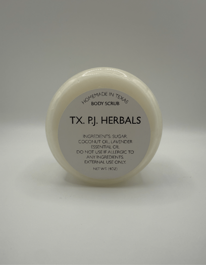 All-natural body scrub in a 4 oz container with organic sugar, coconut oil, and lavender essential oil for gentle exfoliation and hydration.