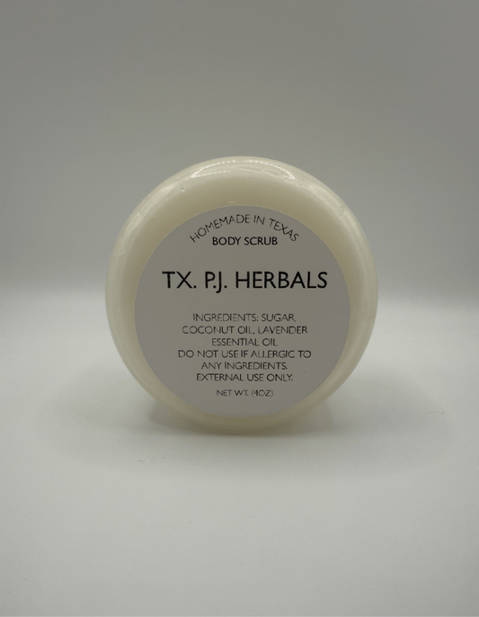 All-natural body scrub in a 4 oz container with organic sugar, coconut oil, and lavender essential oil for gentle exfoliation and hydration.