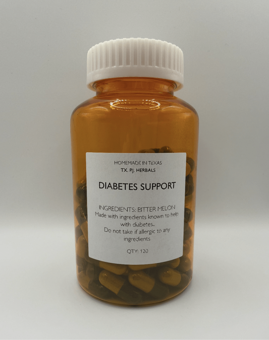 Amber bottle of Bitter Melon Extract Capsules for diabetes support with white cap and label.