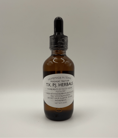 Amber glass dropper bottle of Mugwort Tincture by TX. PI. Herbals for natural relaxation and sleep support.