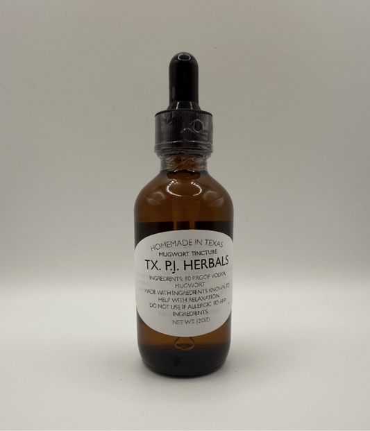Amber glass dropper bottle of Mugwort Tincture by TX. PI. Herbals for natural relaxation and sleep support.