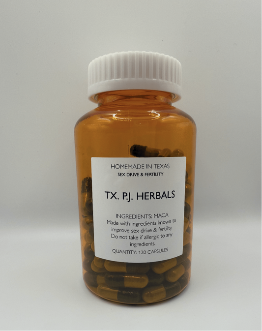 Bottle of Maca Root Capsules for sex drive and fertility enhancement by TX. PJ. Herbals with 120 capsules inside