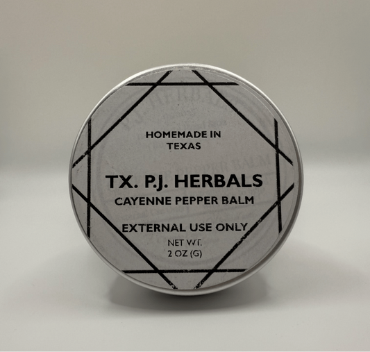 Tin of TX. P.J. Herbals cayenne pepper balm for external use, 2 oz container, homemade in Texas, natural pain relief balm for muscle and joint discomfort.
