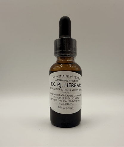 Bottle of Lions Mane Tincture by TX. P.J. Herbals for mental clarity, natural cognitive support supplement