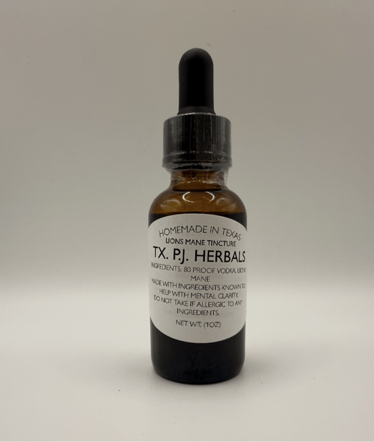 Bottle of Lions Mane Tincture by TX. P.J. Herbals for mental clarity, natural cognitive support supplement