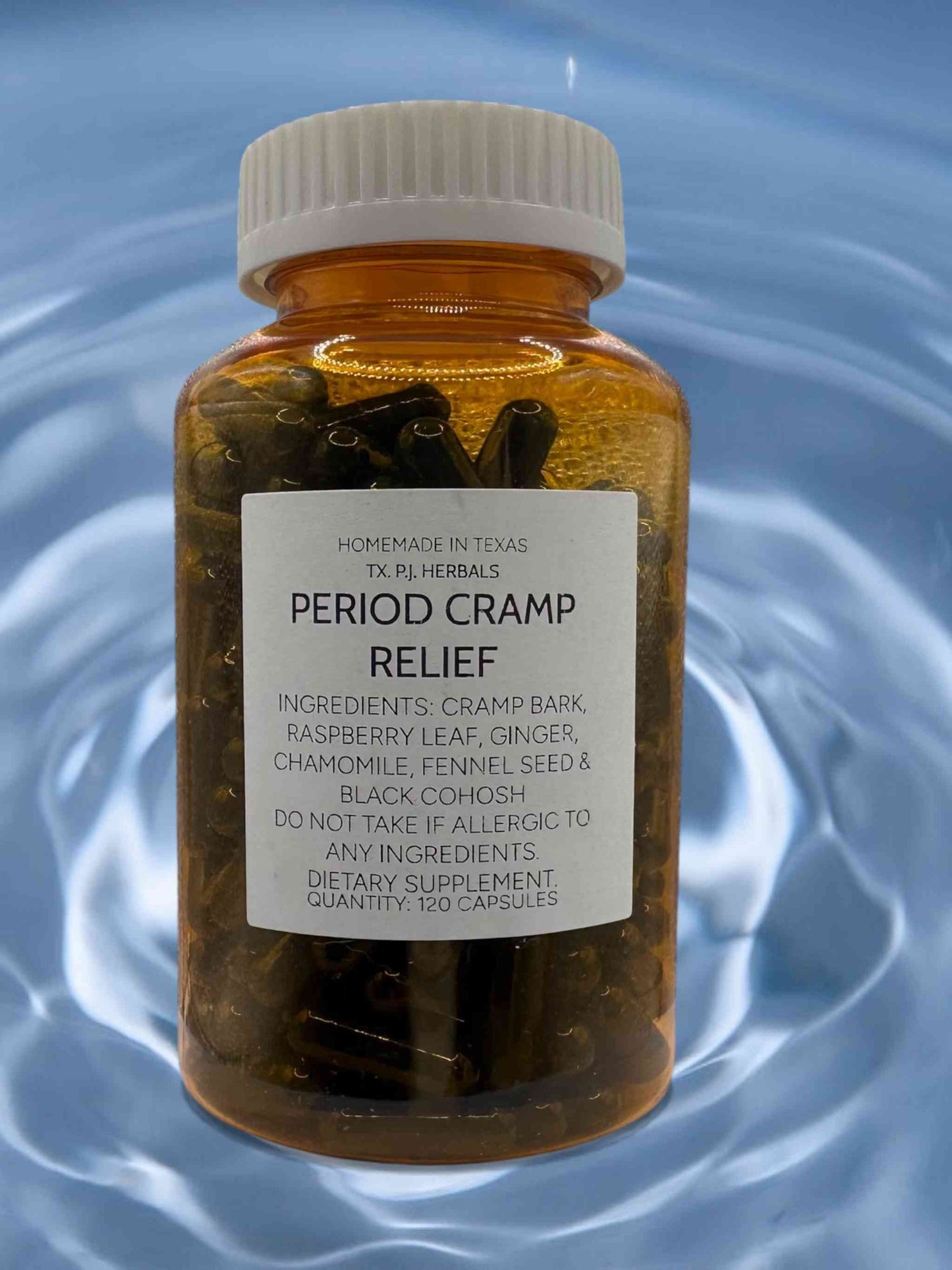 All-natural period cramp relief capsules with herbal ingredients for soothing comfort
