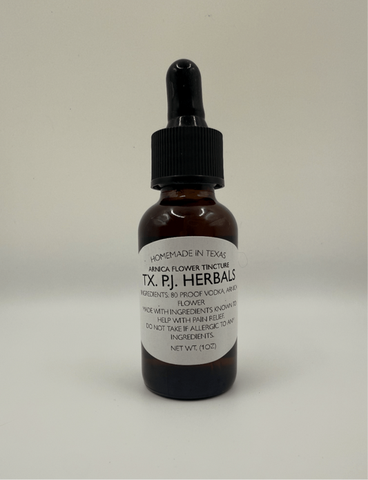 Amber glass dropper bottle of Arnica Flower Tincture for natural and rapid pain relief.